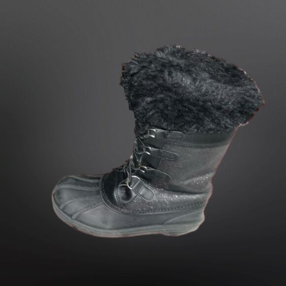 Cat & Jack Girls Constance Faux Fur Lace Up Winter Boots Black Glitter Size 2 - Picture 2 of 7